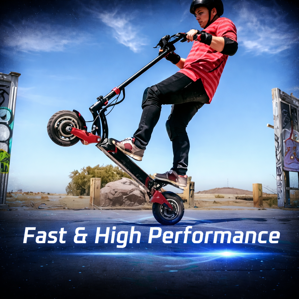 rider performing wheelie on scooter